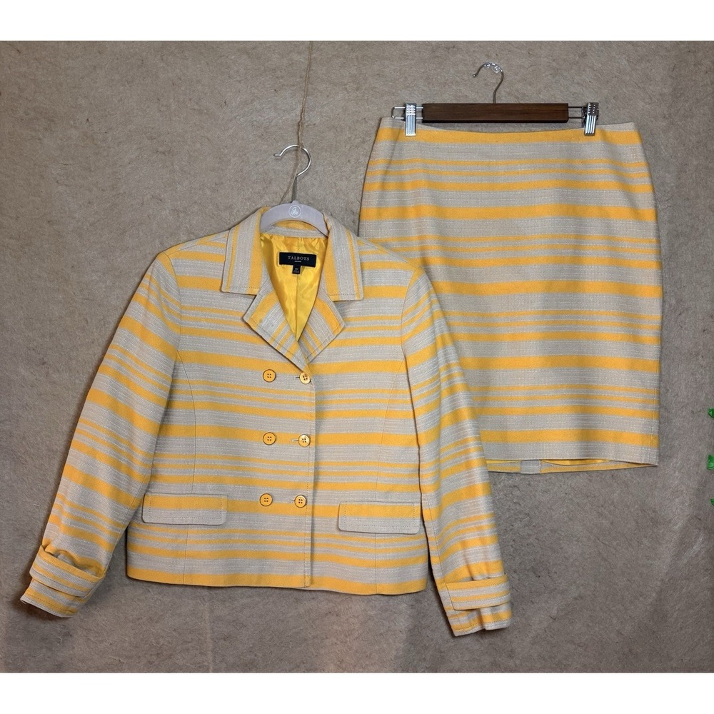 Talbots Linen Blend Skirt‎ Suit Womens 10P Yellow Beige Striped Lined Classic